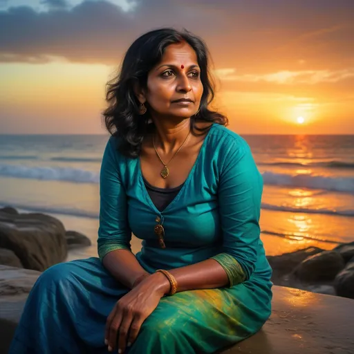 Prompt: A slightly dark skinned 47 year old South Asian Indian woman  with a BMI of 40 clothed modestly sitting beside an ocean watching the sunset in an encaustic art style with a colour pallete of deeply saturated greens, cerulean blue and bathed in light 