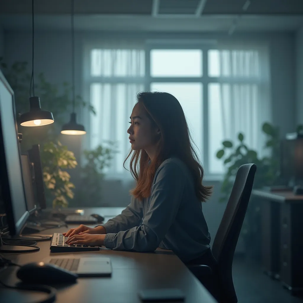 Prompt: A person embodying calm in the storm in the middle of an office setting.
