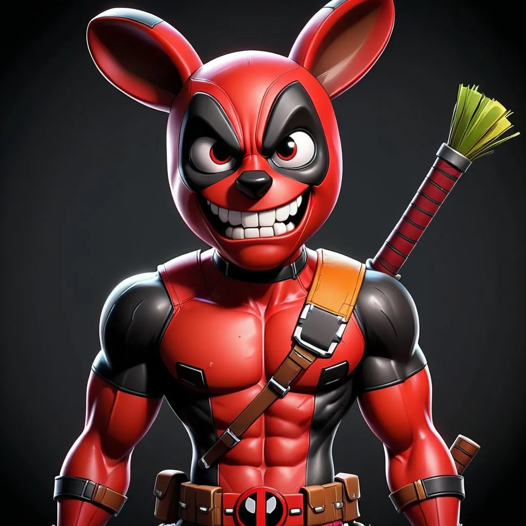 Prompt: Deadpool with the words catfresh willy written across his chest in the crash bandicoot logo font