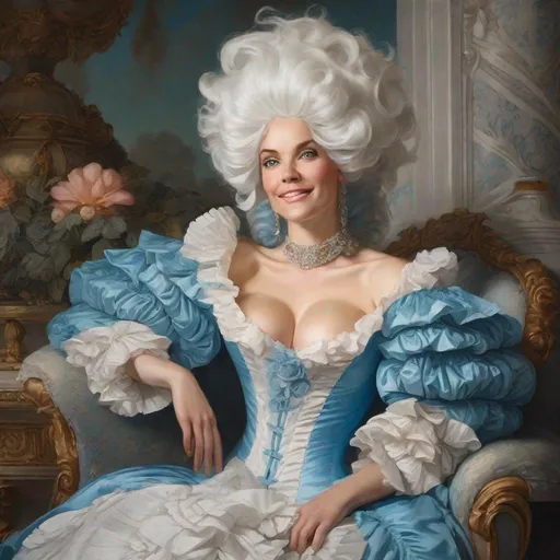 Prompt: Rococo oil painting of a woman with blue eyes, high-res, luxurious clothing, large white wig, elaborate hairdo, white ruffles, corset, feather in hair, seated, detailed portrait, opulent, oil painting, blue dress, white ruffles, smiling, aristocratic, grand, detailed eyes, elegant, professional lighting