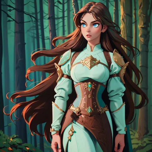 Prompt: beautiful warrior woman, soft, long brown hair, ice blue eyes, intense gaze, perfect curvaceous body, high resolution, professional, fantasy forest, green and brown tones, enchanting, detailed eyes, elegant design, atmospheric lighting, silver and gold armour dress, corset, breathtaking