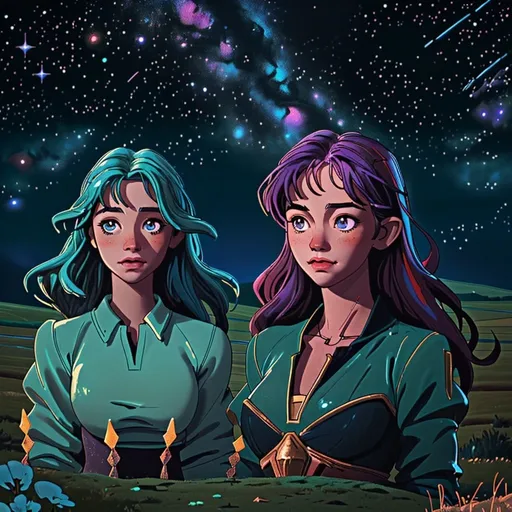 Prompt: Fantasy illustration of two women in love, space-themed, starry sky, rural farm in the background, grazing cows, high quality, fantasy, space theme, romantic, stars, rural farm, cows, detailed faces, vibrant colors, atmospheric lighting