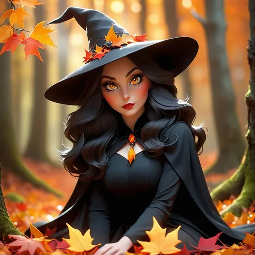 Prompt: Witch in a mystical dark forest, fantasy, sunlight filtering through autumn trees, orange, red and yellow leaves on the ground, detailed delicate features, ethereal atmosphere, high quality, fantasy, woodland, mystical, detailed facial features, witchy, witch broom, black cat, atmospheric lighting, professional, 