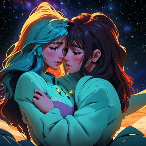 Prompt: Fantasy illustration of two women in love, starry sky, space-themed, perfect bodies, perfect faces, rural farm in the background, grazing cows, high quality, detailed faces, romantic, fantasy, space theme, vibrant colors, atmospheric lighting, kissing each other, stars