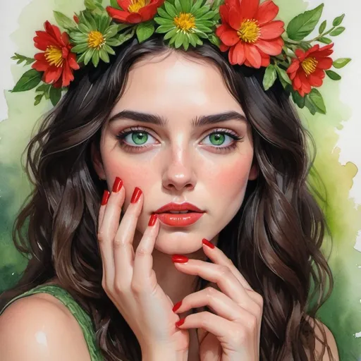 Prompt: Young woman with wildflower crown in her dark hair, green eyes, hand on her face, nails painted red, gouache watercolor, vibrant, detailed, realistic, watercolor, intense green eyes, dark-haired beauty, intricate flower accessory, delicate hand pose, vivid red almond shaped nails, high quality, vibrant color palette, gouache watercolor, detailed portrait, realistic lighting