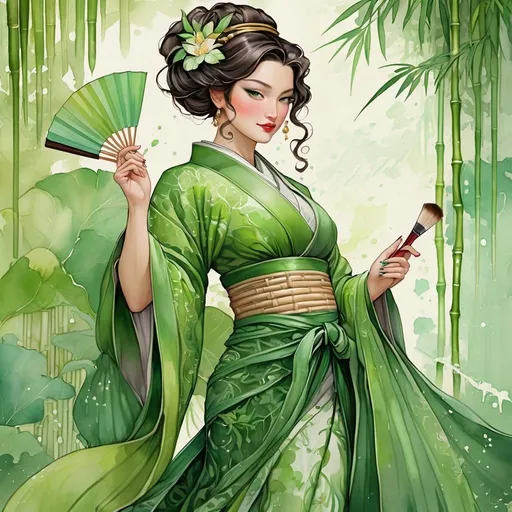 Prompt: Digital watercolor painting of a woman in an intricate princess outfit, bold brush strokes, art nouveau, green pastels, paint splatter, detailed fabric texture, flowing and elegant, bamboo tree background, fans, high quality, art nouveau, digital watercolor, bold brush strokes, different green tones, intricate kimono, detailed fabric texture, elegant, flowing, paint splatter, professional-quality, mona lisa smile, 