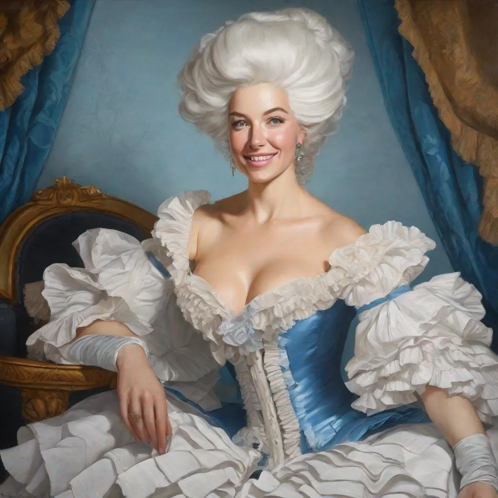 Prompt: Rococo oil painting of a woman with blue eyes, high-res, luxurious clothing, large white wig, elaborate hairdo, white ruffles, corset, feather in hair, seated, detailed portrait, opulent, oil painting, blue dress, white ruffles, smiling, aristocratic, grand, detailed eyes, elegant, professional lighting