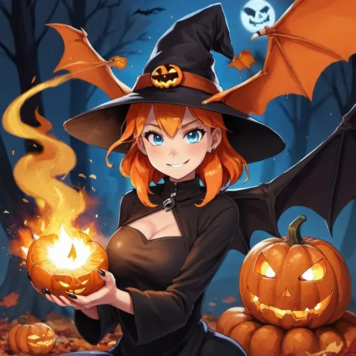 Prompt: 1girl, autumn, autumn leaves, bat, black headwear, black nails, blue eyes, breathing fire, burning, campfire, candle, candy, charizard, charmander, earrings, embers, explosion, fiery hair, fiery wings, fire, fireplace, firing, flame, flaming sword, flaming weapon, halloween, halloween costume, hat, honey, jack-o'-lantern, looking at viewer, magic, makeup, molten rock, muzzle flash, nail polish, orange nails, orange theme, pumpkin, pyrokinesis, skull, smoke, solo, tail-tip fire, torch, witch, witch hat