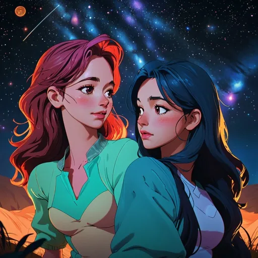 Prompt: Fantasy illustration of two women in love, starry sky, space-themed, perfect bodies, perfect faces, rural farm in the background, grazing cows, high quality, detailed faces, romantic, fantasy, space theme, vibrant colors, atmospheric lighting, loving eachother, stars