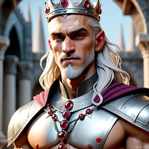 Prompt: {{{{highest quality full body splash art masterpiece, hyperrealistic, hyperrealism, full body pose, {{male Targaryen Game of Thrones}}, {{Fantasy land ancient city Old Valyria  Game Of throne Background}} intricately hyperdetailed, hyperrealistic intricate details, toned muscle definition male body, perfect face, perfect body, perfect anatomy, silver crown with red rubies, perfect composition, Detailed and Intricate, Detailed Render, 3D Render,  fantasy, silver/grey hair, violet eyes, model smile and gaze, intense, chiseled face

}}}}