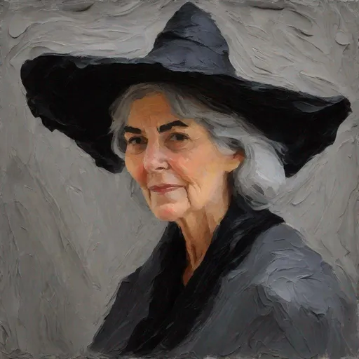 Prompt: Portrait of middle age woman, grey haired, with witch hat, black robes, very thick Impasto, impressionism