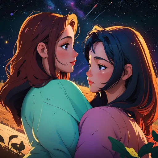 Prompt: Fantasy illustration of two women in love, starry sky, space-themed, farmer outfits, perfect bodies, perfect faces, rural farm in the background, grazing cows, high quality, detailed faces, romantic, fantasy, space theme, vibrant colors, atmospheric lighting, kissing each other, stars