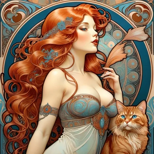 Prompt: Alphonse Mucha style, art nouveau illustration, full-body woman with long titan red hair and blue eyes, thick lines, intricate details, beautiful colors, curvaceous body, soft aura, full lips, hands blowing a kiss, cream and brown Persian cats, elegant, detailed, highres, art nouveau, titan red hair, blue eyes, cream and brown cats, soft aura, blowing a kiss, thick lines, intricate details, beautiful colors, curvaceous body, professional, atmospheric lighting