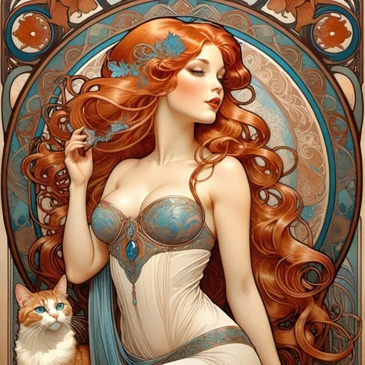 Prompt: Alphonse Mucha style, art nouveau illustration, full-body woman with long titan red hair and blue eyes, thick lines, intricate details, beautiful colors, curvaceous body, soft aura, full lips, hands blowing a kiss, cream and brown Persian cats, elegant, detailed, highres, art nouveau, titan red hair, large glowing blue eyes, cream and brown cats, soft aura, blowing a kiss, thick lines, intricate details, beautiful colors, curvaceous body, professional, atmospheric lighting, only cover chest