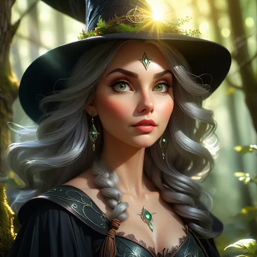 Prompt: Witch in mystical forest, fantasy, sunlight filtering through trees, detailed delicate features, ethereal atmosphere, high quality, digital art, fantasy, woodland, mystical, detailed facial features, witchy, sunlight filtering, atmospheric lighting, professional, perfect face, perfect body