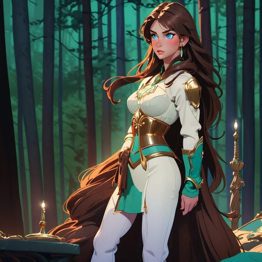 Prompt: beautiful warrior woman, soft, long brown hair, ice blue eyes, intense gaze, perfect curvaceous body, high resolution, professional, fantasy forest, green and brown tones, enchanting, detailed eyes, elegant design, atmospheric lighting, silver and gold armour dress, corset, breathtaking