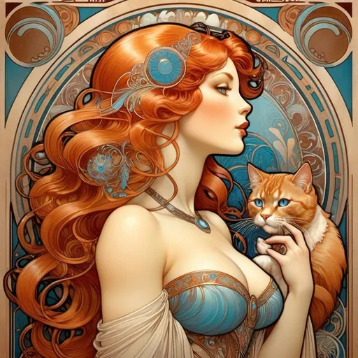 Prompt: Alphonse Mucha style, art nouveau illustration, full-body woman with beautiful body, with long titan red hair and blue eyes, thick lines, intricate details, beautiful colors, curvaceous body, soft aura, full lips, hands blowing a kiss, cream and brown Persian cats, elegant, detailed, highres, art nouveau, titan red hair, large glowing blue eyes, cream and brown cats, soft aura, thick lines, intricate details, beautiful colors, curvaceous body, professional, atmospheric lighting,  chest