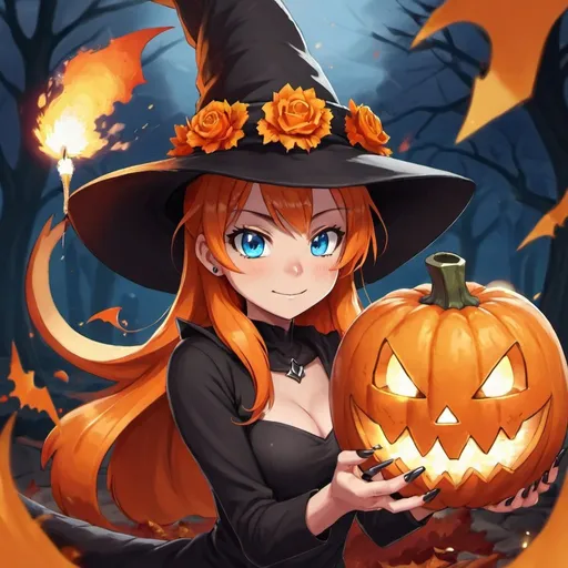 Prompt: 1girl, autumn, autumn leaves, bat, black headwear, black nails, blue eyes, breathing fire, burning, campfire, candle, candy, charizard, charmander, earrings, embers, explosion, fiery hair, fiery wings, fire, fireplace, firing, flame, flaming sword, flaming weapon, halloween, halloween costume, hat, honey, jack-o'-lantern, looking at viewer, magic, makeup, molten rock, muzzle flash, nail polish, orange nails, orange theme, pumpkin, pyrokinesis, skull, smoke, solo, tail-tip fire, torch, witch, witch hat