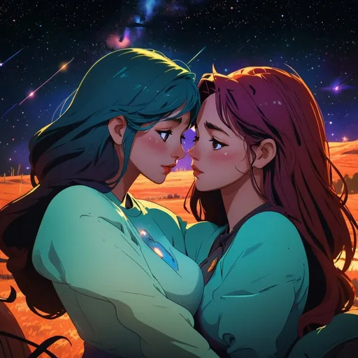 Prompt: Fantasy illustration of two women in love, starry sky, space-themed, farmer outfits, perfect bodies, perfect faces, rural farm in the background, grazing cows, high quality, detailed faces, romantic, fantasy, space theme, vibrant colors, atmospheric lighting, kissing each other, stars