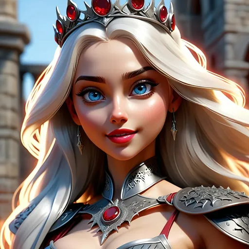 Prompt: {{{{highest quality full body splash art masterpiece, hyperrealistic, hyperrealism, full body pose, {{female Targaryen Game of Thrones}}, {{Fantasy land ancient city Old Valyria  Game Of throne Background}} intricately hyperdetailed, hyperrealistic intricate details, toned muscle definition female body, perfect face, perfect body, perfect anatomy, silver crown with red rubies, perfect composition, Detailed and Intricate, Detailed Render, 3D Render,  fantasy, silver/grey hair, blue eyes, model smile and gaze, intense

}}}}