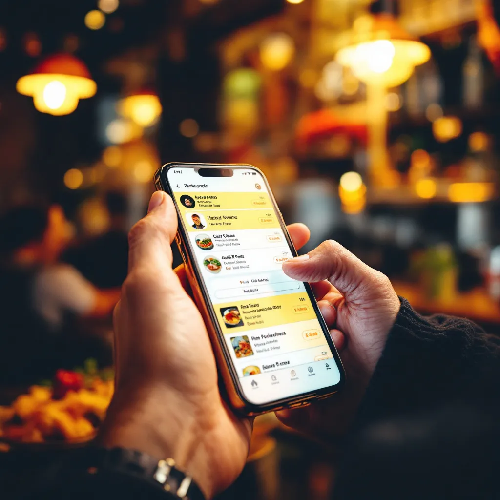 Prompt: Zdjecie przedstawiające osobę, która wyszukuje w telefonie przeglądając listę restauracji 