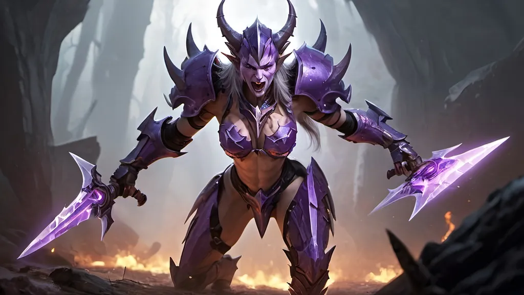 Prompt: human female sister of battle, skimpy plate armor, sharp fangs, pointy teaths, crawling on all fors, helish plane, no horns, purple glowing eyes, glowing gently purple veins on her neck