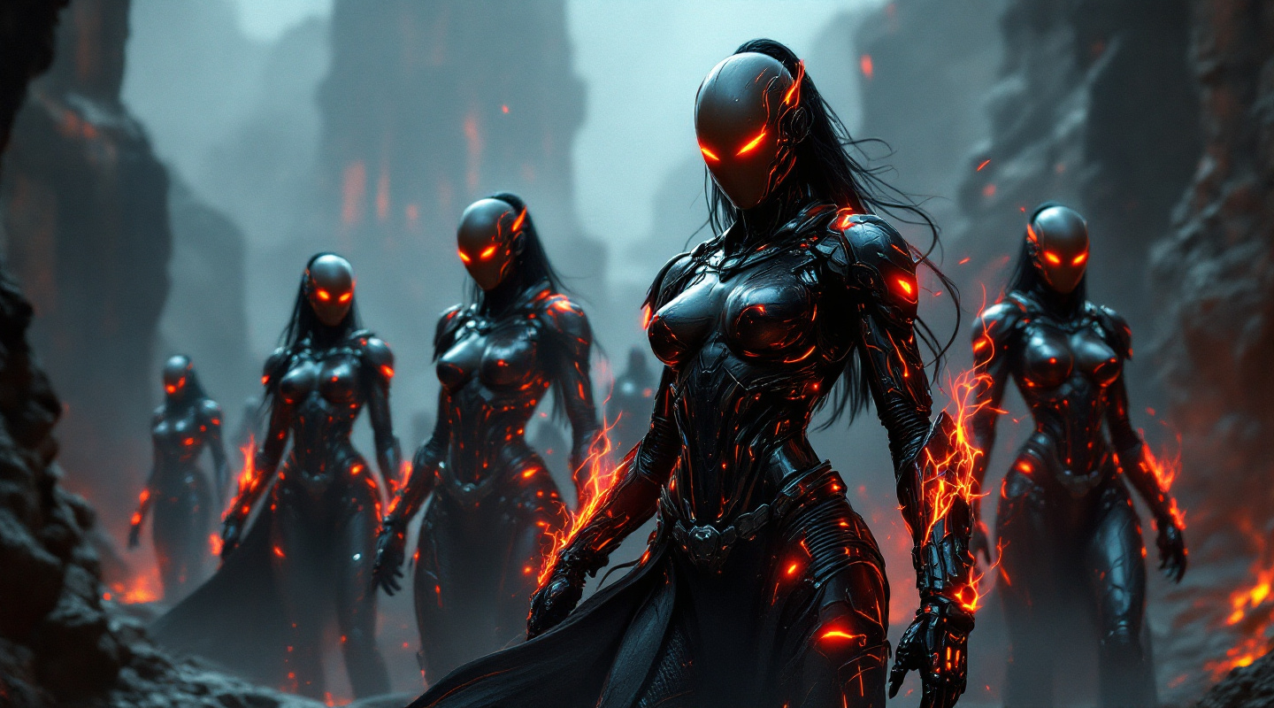 Prompt: futuristic-cybernetic female warriors of Khorne, Romi Rain lookalike, dark color scheme, intense metallic textures, glowing red accents, fierce battle poses, illuminated by moody dim lighting, dynamic and powerful stances, surrounded by a dystopian battlefield, adorned with high-tech armor and weaponry, ultra-detailed, high contrast atmosphere, captivating and intense vibe, HD masterpiece.