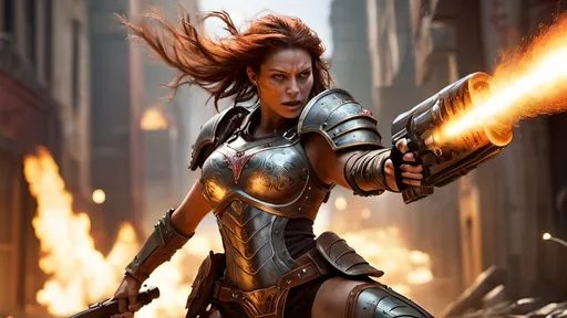 Prompt: (misc-tribal style) female sister of battle, (full plate armor), vibrant colors, intense battle scene, fighting in a (burning city), wielding a boltgun with (outstretched right hand), (whole body view), blood on armor,  dynamic composition, high action, detailed textures, glowing embers in the air, fierce expression, light and shadow play, (4K), (epic RPG) thematic style. perfect beautiful feminine face