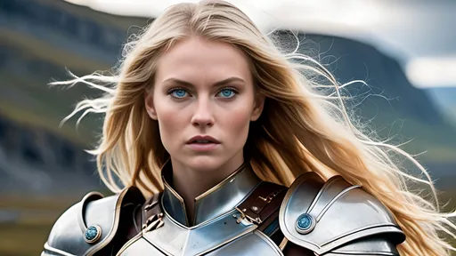 Prompt: A fierce and beautiful young Nordic blonde female, her hair cascading in the wind, as she stands valiant in the throes of battle. Her piercing blue eyes reflect the intensity of the surrounding chaos, her skin glowing with the vitality of youth and determination. Clad in intricately-designed, well-worn armor that leaves just enough skin exposed to showcase her warrior's physique, she wields a mighty two-handed sword with a mastery that speaks of countless battles past. The blade, gleaming with fresh blood and gore, is a testament to the ferocity with which she fights. Her stance is strong and poised, one foot firmly planted on the ground as the other steps forward, ready to deliver another powerful blow to an unseen enemy. The battle around her is a whirlwind of clashing steel, grimacing faces, and flying limbs, painted in stark, high definition detail that captures every bead of sweat and drop of blood. The scene is bathed in the cold, stark light of the North, casting deep shadows that dance and interplay with the vibrant crimson of the battlefield. Despite the grim setting, there is a sense of awe-inspiring grace in her movements, a stark contrast to the horrors that surround her. Her armor is adorned with ancient runes that seem to pulse with an inner power, hinting at a legacy of fearless shieldmaidens before her. This ultra-detailed depiction of the shielmaiden in action is a visual feast for the eyes, celebrating the unyielding spirit and fierce beauty of the Viking age.