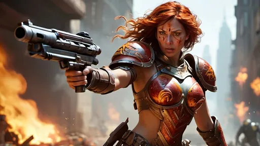 Prompt: (misc-tribal style) female sister of battle, (full plate armor), vibrant colors, intense battle scene, fighting in a (burning city), wielding a boltgun with (outstretched right hand), (whole body view), blood on armor,  dynamic composition, high action, detailed textures, glowing embers in the air, fierce expression, light and shadow play, (4K), (epic RPG) thematic style.