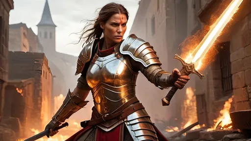 Prompt: (misc-tribal style) female templar warrior, (full plate armor), vibrant colors, intense battle scene, fighting in a (burning city), wielding a (medieval European single-handed sword) with (outstretched right hand), (whole body view), blood on sword, dynamic composition, high action, detailed textures, glowing embers in the air, fierce expression, light and shadow play, (4K), (epic RPG) thematic style.