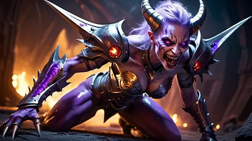 Prompt: (intense fantasy character), human female sister of battle, skimpy plate armor, sharp fangs, pointy teeth, crawling on all fours, (hellish plane background), (vibrant colors), eerie purple glowing eyes, gently glowing purple veins on her neck, dramatic lighting, moody ambiance, high detail, (ultra-detailed), dark and menacing atmosphere. perfect beautiful feminine face