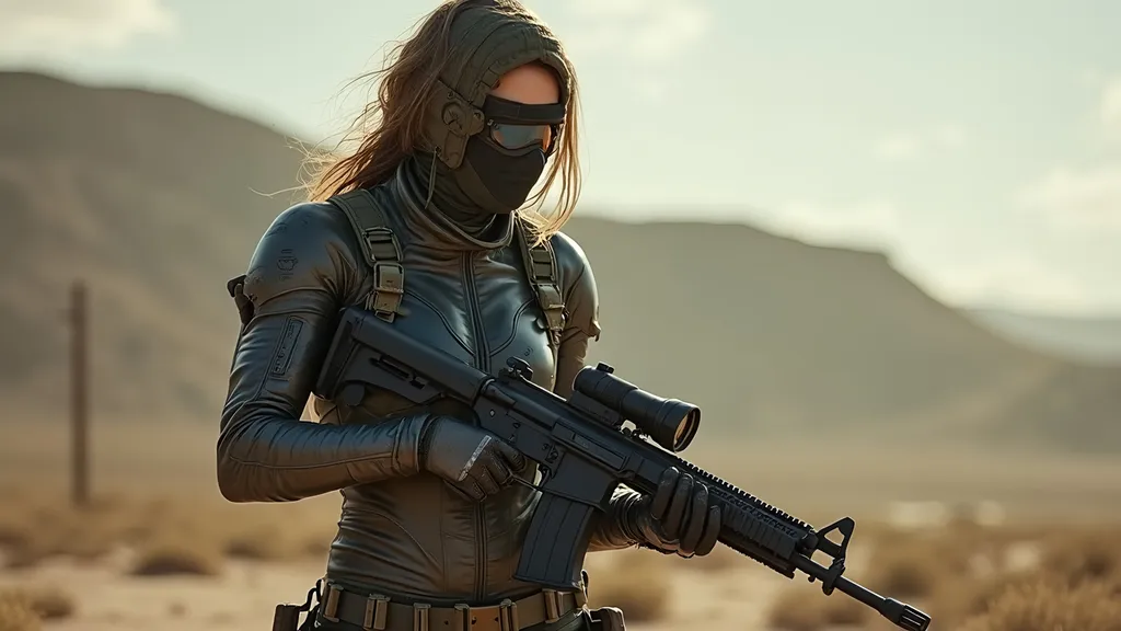 Prompt: female postapocalyptic fighter with automatic machine gun, latex bodysuit, full body view, 25 year old, milf type body