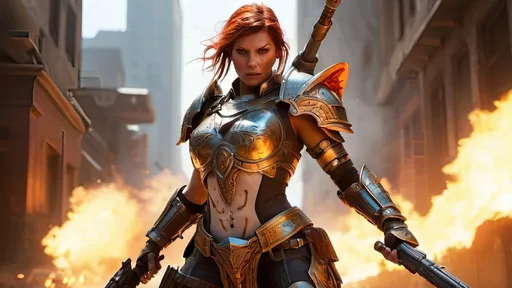 Prompt: (misc-tribal style) female sister of battle, (full plate armor), vibrant colors, intense battle scene, fighting in a (burning city), wielding a boltgun with (outstretched right hand), (whole body view), blood on armor,  dynamic composition, high action, detailed textures, glowing embers in the air, fierce expression, light and shadow play, (4K), (epic RPG) thematic style.