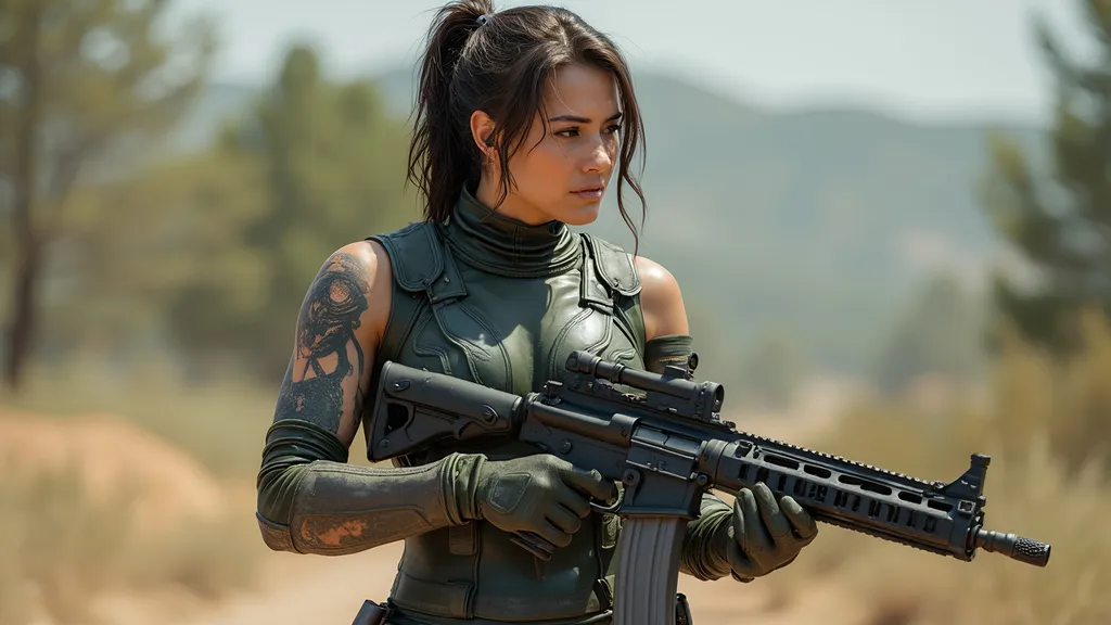 Prompt: female postapocalyptic fighter with automatic machine gun, latex bodysuit, full body view, 25 year old, milf type body