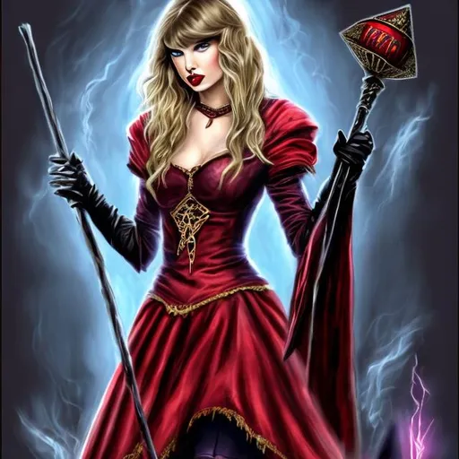 Prompt: dark evil taylor swift in a red sorceress gown holding a magical staff and a quarterback on his knees.