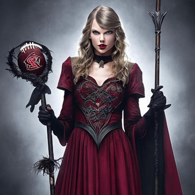 Prompt: dark evil taylor swift in a red sorceress gown holding a magical staff and a quarterback on his knees.