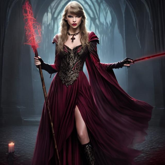 Prompt: dark evil taylor swift in a red sorceress gown holding a magical staff.