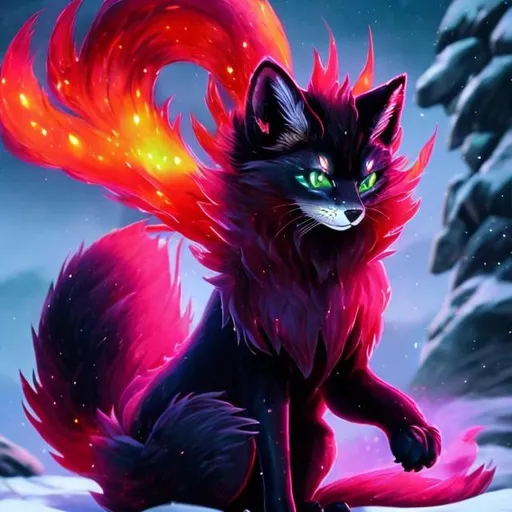 Prompt: crimson fire elemental cat, feral vixen, kitsune, sparkling vivid green eyes, black paws, brilliant black lakeshore sunrise, frost, silky fur, youthful, extremely gorgeous, vigor, majestic, vibrant