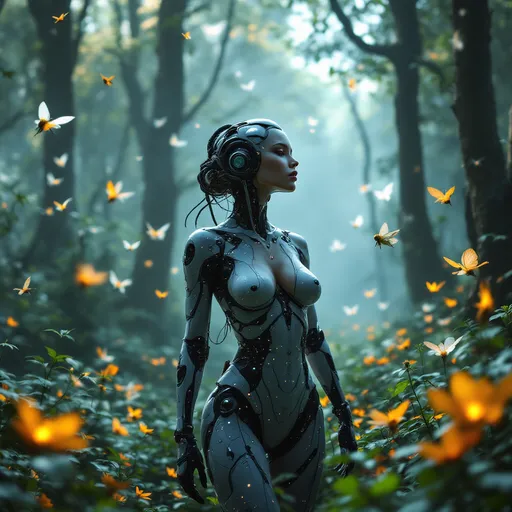 Prompt: a cybernetic beautiful woman standing in a fantasy forest with fairies flying around her during the morning hours, 