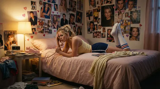 Prompt: woman lying on her stomach across a messy twin bed in a warmly lit bedroom at night. She holds a retro corded landline phone to her ear, looking stressed and deep in conversation. One hand is pressed lightly against her forehead as if worried or overwhelmed.

She wears a soft pastel tank top and athletic-style shorts. White knee-high socks with colored stripes at the top. Her hair is casually pulled back in a loose ponytail.

Environment:
• Bedroom walls covered in a chaotic collage of magazine cutouts, celebrity posters, and heart stickers
• Small bedside table cluttered with trinkets
• A pink landline phone base nearby
• Warm table lamp casting golden light
• Slight clutter for authenticity

Lighting:
• Warm tungsten lamp glow
• Soft shadows
• Slight grain for 90s film texture
• Cozy but tense mood

Mood:
• Classic 90s teen drama
• Late-night phone call energy
• Slight anxiety or urgency
• Nostalgic VHS-era feel

Camera:
• Medium-wide shot from side of bed
• Slight cinematic depth of field
• 16:9 framing