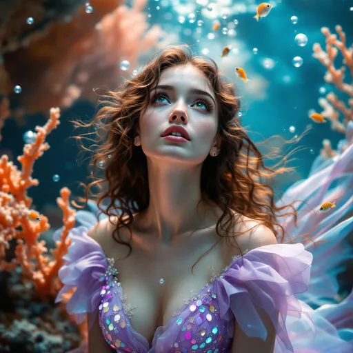 Prompt: A mesmerizing underwater scene captures a young woman with flowing, curly hair, her expression awash with wonder as she gazes upward, illuminated by ethereal light filtering through the water. Adorned in a shimmering, lilac gown embellished with delicate, iridescent scales, she embodies a fantastical sea spirit amidst a vibrant coral backdrop, where soft orange and pink hues juxtapose the cool blue water. Surrounding her, small fish glide gracefully, enhancing the enchanting atmosphere, while bubbles float upwards, adding a touch of whimsy to the serene tableau. The interplay of light and color creates a dreamlike quality, evoking a sense of magic and tranquility beneath the waves.