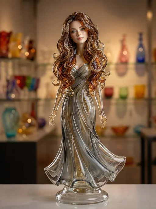 Prompt: murano_glass_style, beautiful portrait of a female portrait, peaceful, made out of delicate and fragile fine original Murano glass material, whole body, masterpiece, flawless, elegant, vibrant details