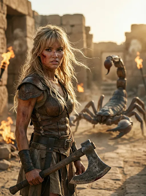 Prompt: Photorealistic live-action cinematic scene, NOT CGI, NOT 3D render, NOT digital painting

A real human female warrior standing in ancient desert ruins at sunset. The image should look like a frame from a live-action R-rated fantasy film shot with real actors and practical effects.

No stylized rendering. No animation. No video game aesthetic. Real skin texture. Real dirt. Real lighting.

Warrior (Based on Your AI Girl)

• Natural human proportions
• Visible pores and skin texture
• Realistic muscle definition
• Slight sweat and dirt on skin
• Small scars and bruises
• Wind blowing real hair strands

Expression:

• Controlled fury
• Focused eyes
• Tight jaw
• Breathing heavy
• Blood smear across cheek

No fantasy glam lighting. Real grit.

Outfit (Real Materials)

• Weathered leather armor with cracks and scratches
• Fabric wrinkles and stitching visible
• Dirt embedded in seams
• Functional battle belt
• Heavy metal axe with realistic weight
• Blade scratched and stained

Everything must look physically real and tactile.

Environment

Ancient stone ruins shot on location:

• Real stone texture
• Dust blowing naturally
• Firelight flickering
• Practical debris on ground
• Bones half-buried in sand

In background (slightly out of focus):

A giant scorpion creature made to look like a practical movie creature:

• Realistic chitin texture
• Weight and shadow on the ground
• Not glowing neon
• Not stylized
• Slight motion blur from movement

Lighting

• Shot on real cinema camera
• Golden hour sunlight
• Natural rim light
• No over-saturated fantasy tones
• Subtle film grain
• High dynamic range



“Photorealistic. Live action. Cinematic movie still. Real camera lens. Real actor. No CGI. No animation. No 3D render. No digital painting. No Unreal Engine look.”