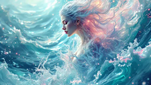 Prompt: A mythical woman, half-transparent and made of ocean water, pastel glitch light fracturing around her, thickly painted dreamlike textures, large ocean in the background fantasy world