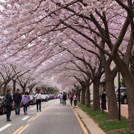 Prompt: purple blossoms falling under cherry blossoms in lanes in Washington DC draw native admirers and they take pictures