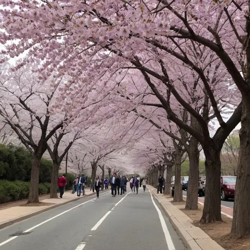 Prompt: purple blossoms falling under cherry blossoms in lanes in Washington DC draw native admirers and they take pictures