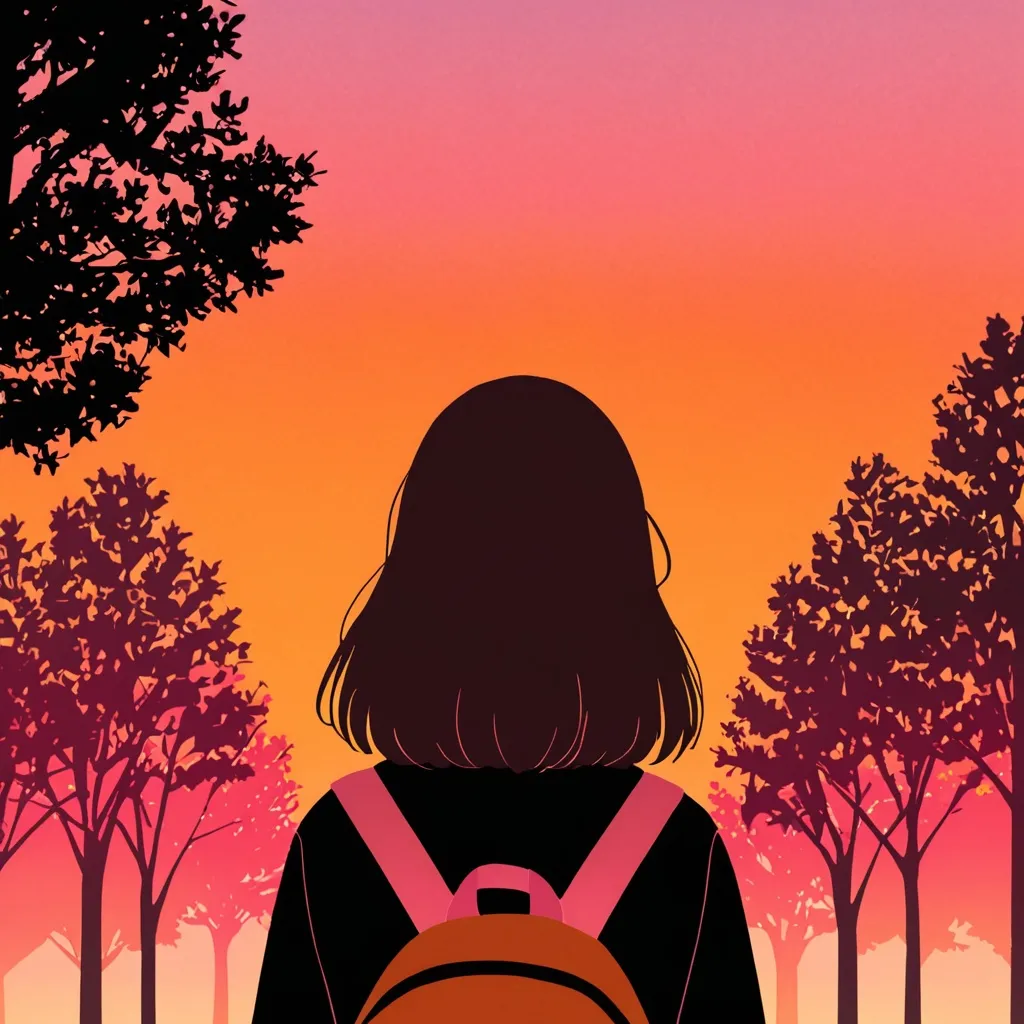 Prompt: a girl facing away from the camera with pal trees and a orange/pink sunset