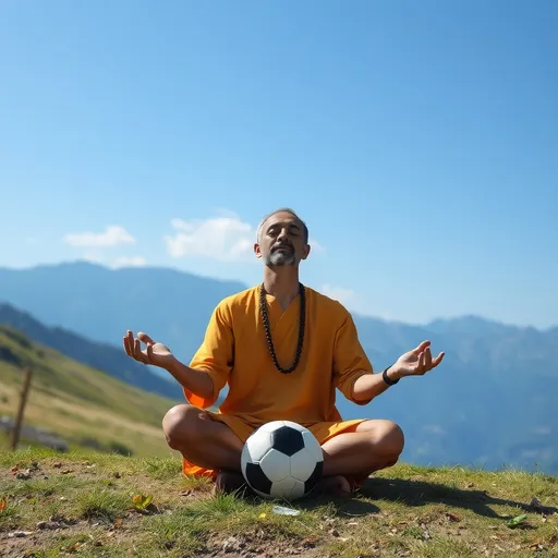 Prompt: spiritual soccer leader WITH NO CROWN ON THE HEAD meditating