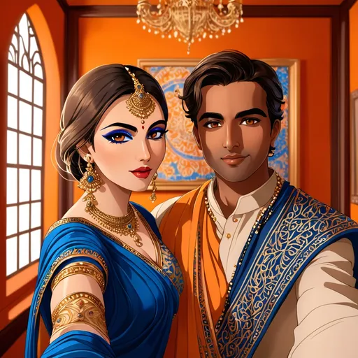 Prompt: In a cozy indoor setting, a young woman and a man pose together for a selfie, framed against a backdrop of orange walls and large windows that allow soft lighting to fill the room. The woman, adorned in a beautifully draped sari with intricate patterns of blue and gold, exudes elegance, enhanced by her striking jewelry and makeup that features a bold lip color and a traditional bindi adorning her forehead. The man, seated slightly behind her, sports a casual denim jacket over a white tee, his expression a mix of curiosity and warmth as he looks towards the camera. The ambience is cheerful, suggesting a festive occasion or celebration, while the shiny accessories and decorative elements hint at cultural significance. Together, they create a snapshot that captures both style and a moment of shared joy.